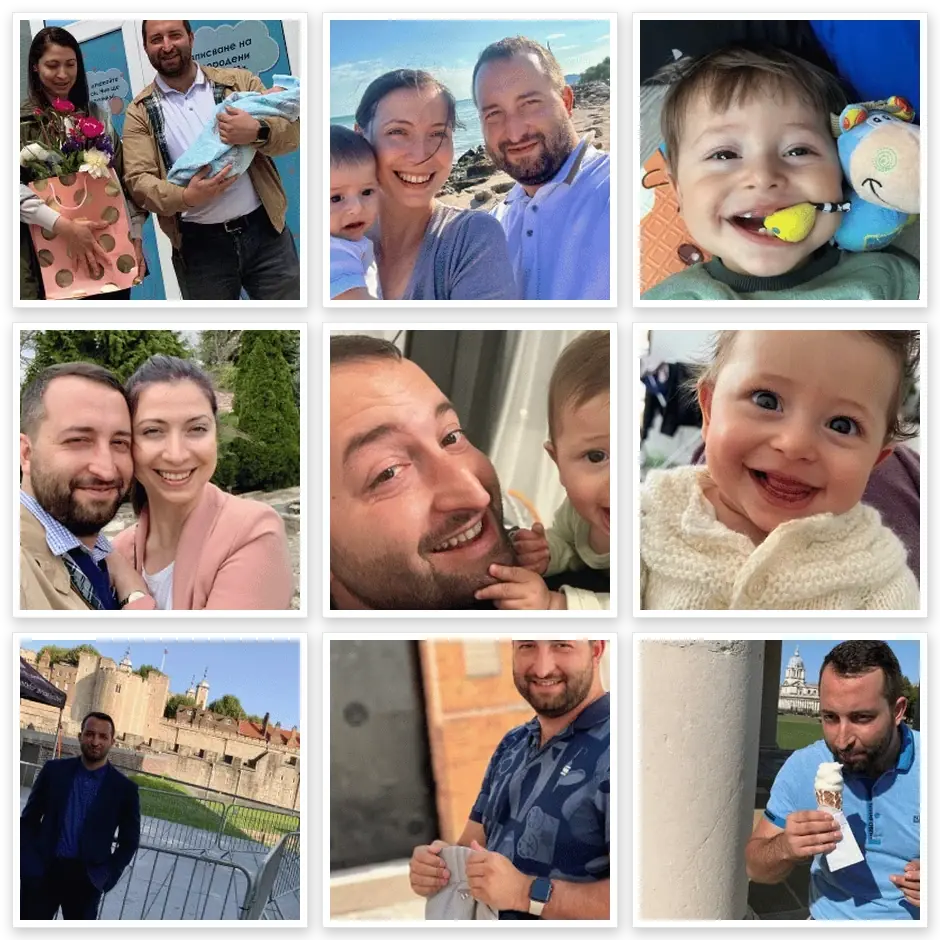 Nikolay Valkov with his partner and their baby, plus travel photos