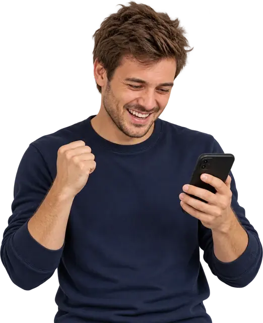 Happy founder celebrating while looking at his phone