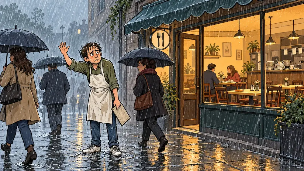 A café owner standing outside in the rain, waving people in, while people with umbrellas walk past his restaurant