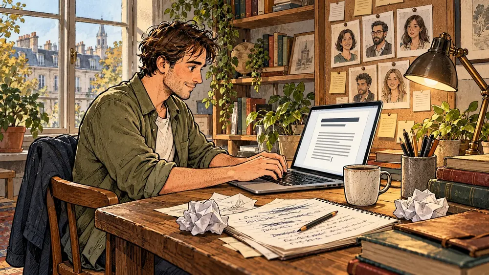 Founder writing sales copy on his laptop