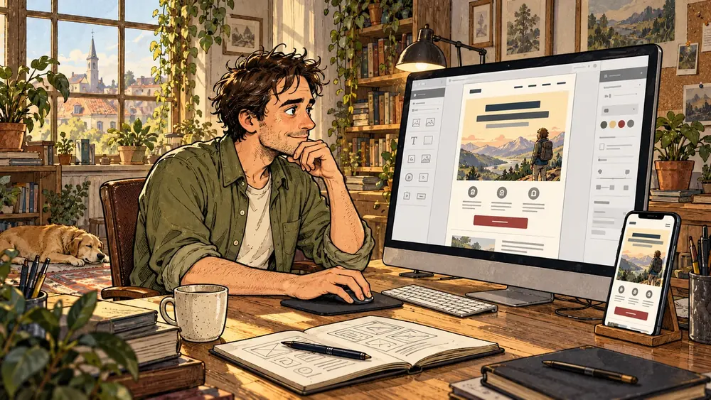 Founder designing a sales page on a large monitor