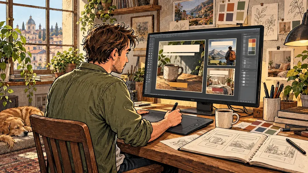 Founder designing ad images on a drawing tablet