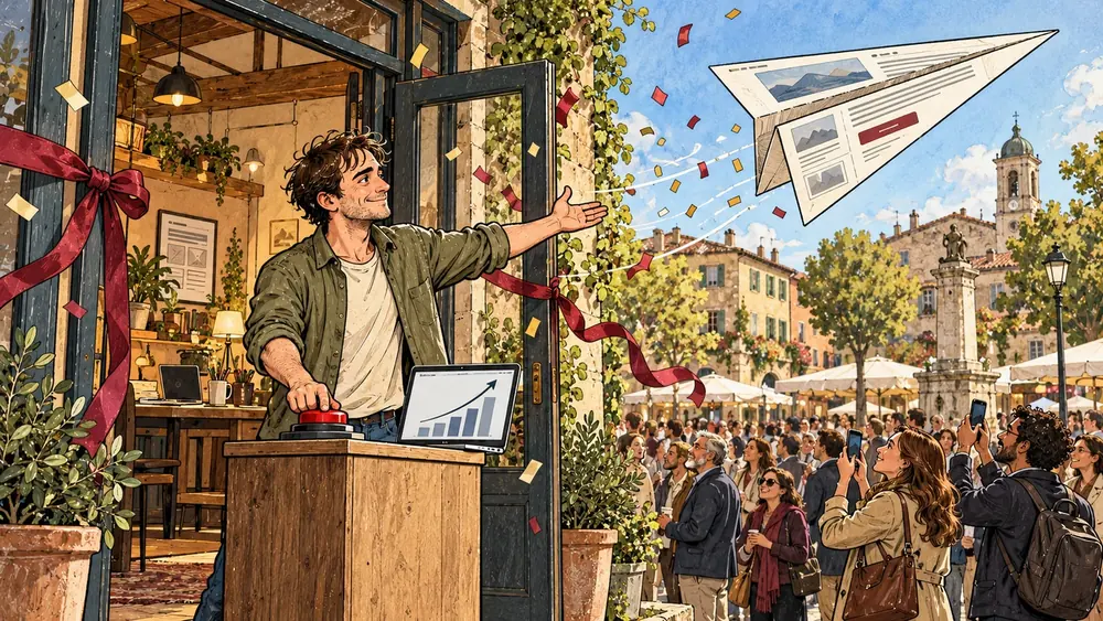 Founder launching his campaign as a crowd of buyers arrives